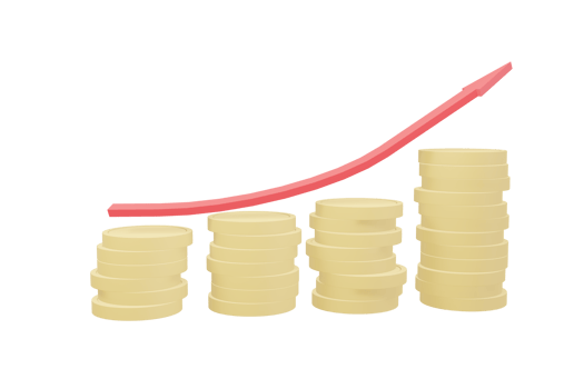 3D illustration, Growing piles of gold coins with arrows Red showing up the market progress, on pink background. Business png