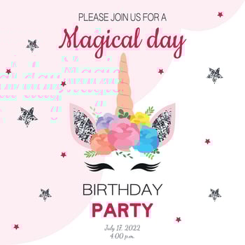 Glitter unicorn birthday invitation for children party. vector