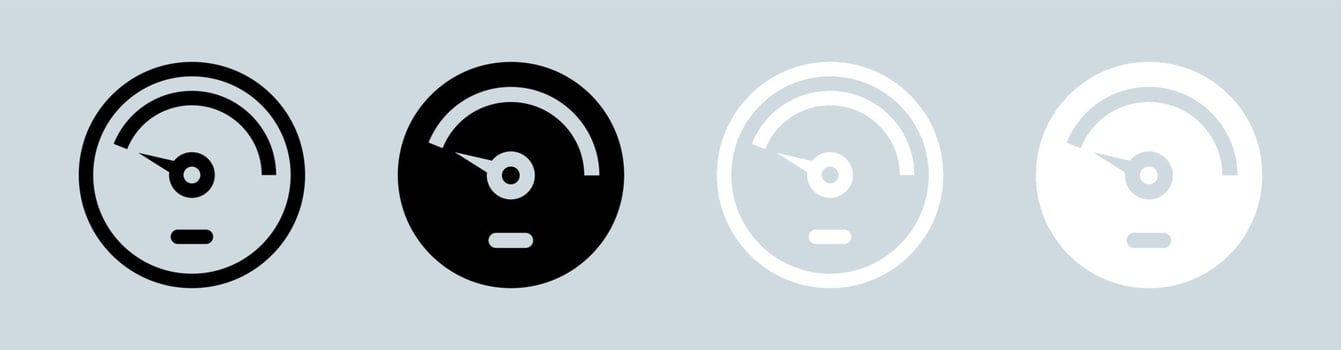 Speedometer icon in black and white colors. Performance indicator signs vector illustration.