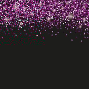 Black background with violet star confetti and space for text. vector