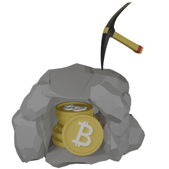 3d illustration of rock pickaxe with precious gold coins with bitcoin symbol for cryptocurrency mining concept on black background png