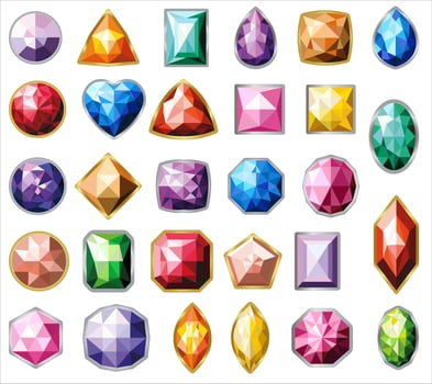 Different colorful gemstones. Big set of crystals. vector