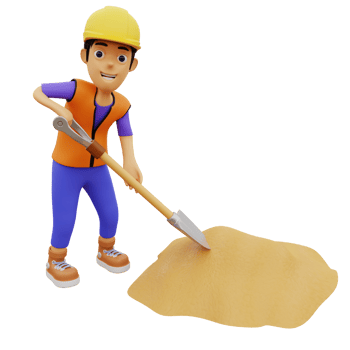 3D Character male construction worker shovel and sand png