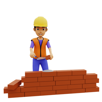 3D Male construction worker character laying bricks png