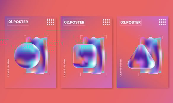 Set of futuristic gradient 3d bold square posters templates for science, music or presentation album print. Holographic, cyberpunk geometric vector illustration background.