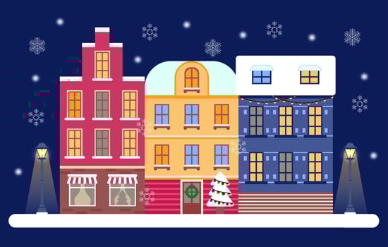 Christmas Eve in cozy city concept vector. Winter night panorama in town with street lightens. Snowy town or village landscape in the evening with snow fall. Gingerbread house vector