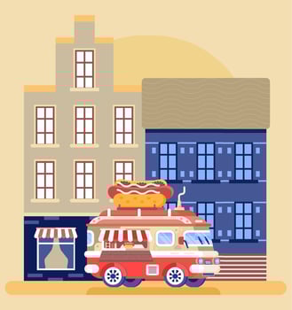 Food truck vector concept. Car with big hot dog. Street truck for selling of fast food. Van with cafe meals