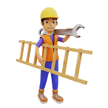 3D Character male construction worker carrying ladder and wrench png