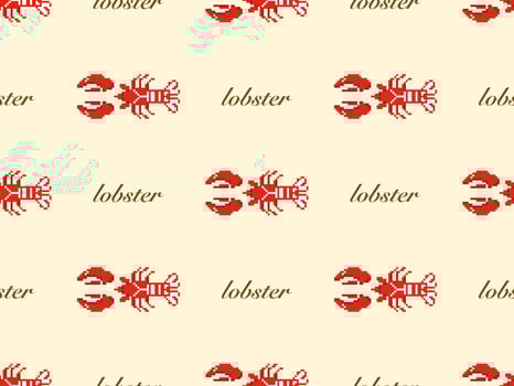 Lobster cartoon character seamless pattern on yellow background. Pixel style vector
