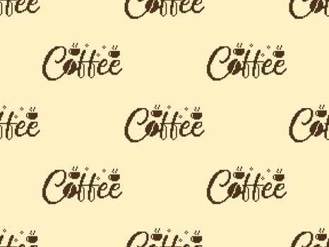 Coffee cartoon character seamless pattern on yellow background. Pixel style vector