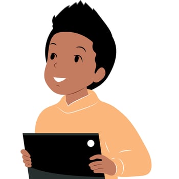 Boy African American schoolboy is engaged on the tablet. Vector flat illustration.