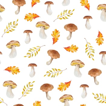Watercolor autumn seamless pattern white nushrooms and colorful leaves fall background vector