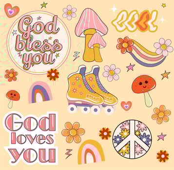 Set of icons in the style of the 70s. Vector stock illustration. Psychedelic pictures. Beige background. Hippie