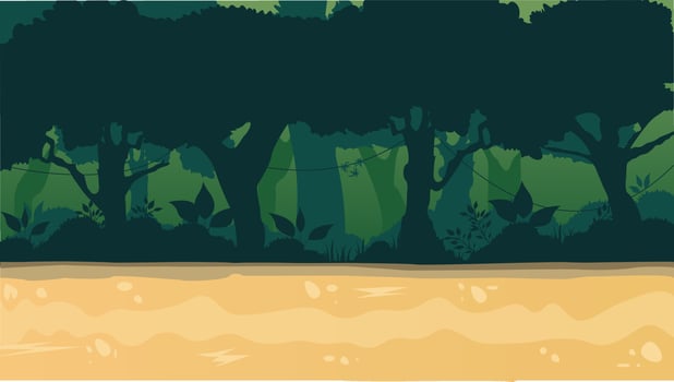 Deep forest scene with trees cartoon background vector illustration
