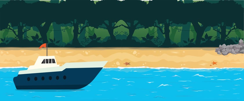Beach Summer Vacation Landscape Beautiful Banner with yacht Seaside Holiday Vector Illustration.
