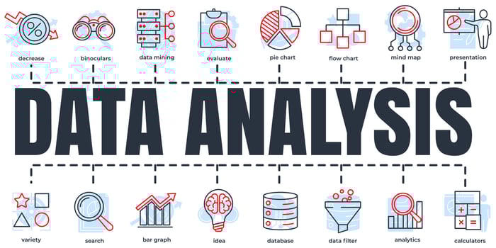 Data analysis banner web icon set. analytics, search, data mining, data filter, pie chart, and etc vector illustration concept.