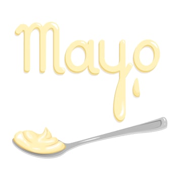 Cartoon silver spoon with mayonnaise, cream or cheese cream side view and lettering Mayo. Vector clipart isolated on a white background for a banners, apps with kitchen theme, menu and more.