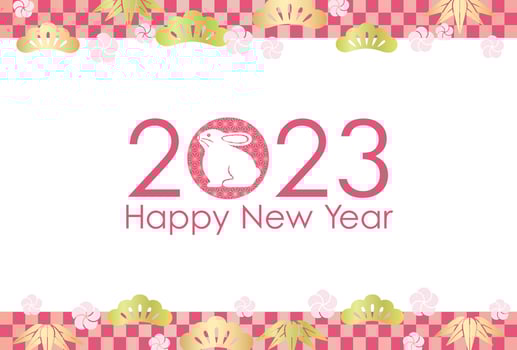 2023, The Year Of The Rabbit, Greeting Card Template Decorated With Japanese Auspicious Charms And Pattern. vector