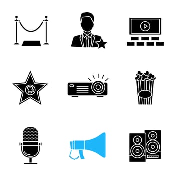 Cinema glyph icons set. Red carpet, actor, screen, movie star, projector, popcorn, mic, megaphone, stereo system. Silhouette symbols. Vector isolated illustration