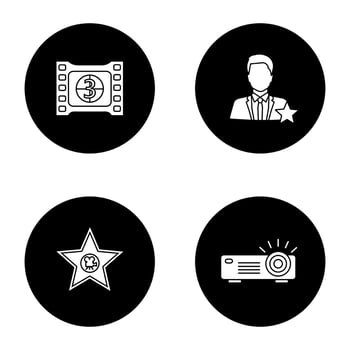 Cinema glyph icons set. Film frame with countdown, movie star, actor, projector. Vector white silhouettes illustrations in black circles