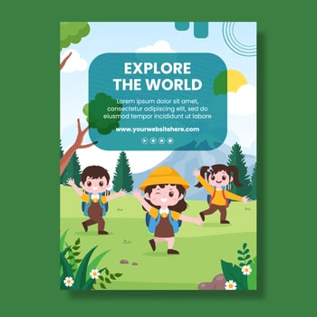 Hiking Mountain Poster Template Flat Cartoon Background Vector Illustration