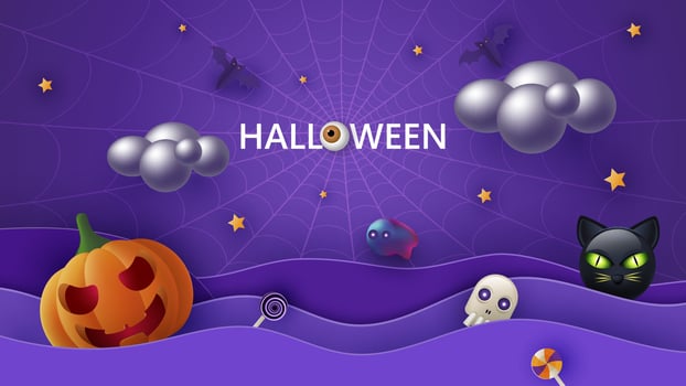 Happy Halloween banner or party invitation background with storm clouds, bats,cat and funny pumpkins Vector illustration.
