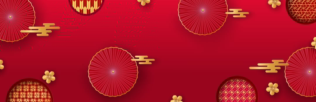 Chinese greeting card for New Year 2023. Red fans and golden sakura flowers and Asian patterns. Vector