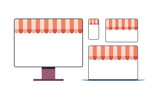 Online shopping web application internet business e-commerce digital marketing concept and devices screens flat vector illustration.
