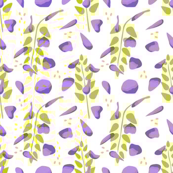 Seamless pattern with flowers. Wrapping paper pattern. Purple petals and green leaves. vector