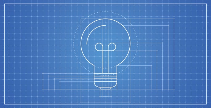 Architectural blueprint and bulb horizontal technical drawing flat illustration. vector
