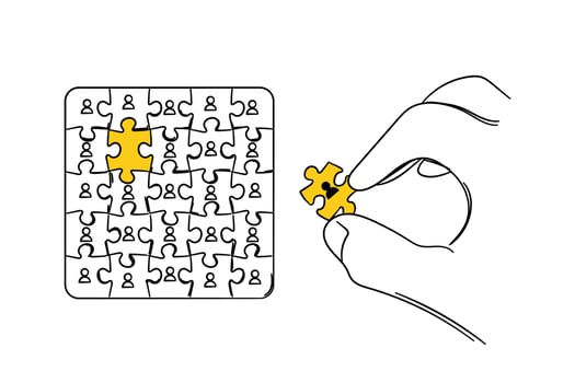 Hand drawn of hand putting last puzzle in the big team. Human resource concept. Vector illustration design