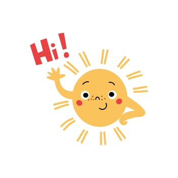 Cute sun character waving hand and Hi lettering. vector