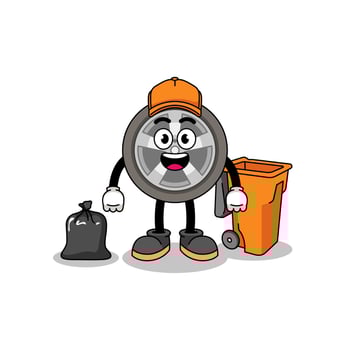 Illustration of car wheel cartoon as a garbage collector vector
