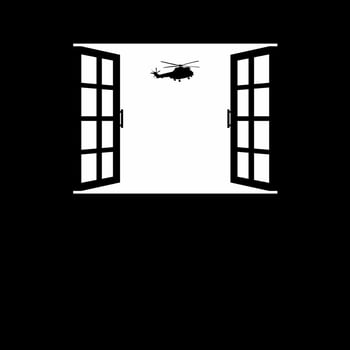 Silhouette of the Helicopter Attack, Military Vehicles on the Window. Vector Illustration