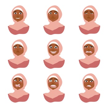 Cute muslim girl emoticon. Vector set.