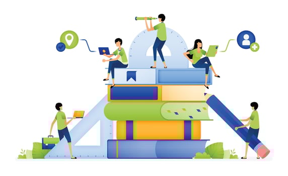 Design of Students sit on piles of books to gain better knowledge and access to educational literacy. Illustration for landing pages websites posters banners mobile apps web social media ads etc vector