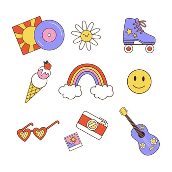 Collection of different retro 70s hippie elements. Flat vector illustration.