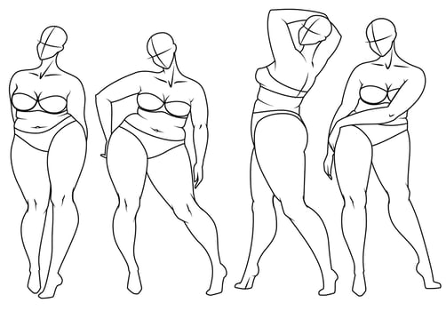 Plus Size Fashion Figure Templates. Exaggerated Croquis for Fashion Design and Illustration. Vector Illustration