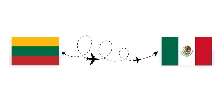 Flight and travel from Lithuania to Mexico by passenger airplane Travel concept vector