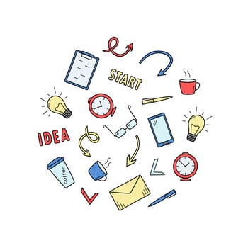 Doodle set business concept, vector illustration of icons business idea, office work