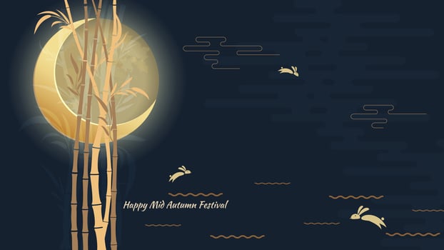 Mid-Autumn Festival. Jumping hares. Chuseok. Stylized bamboo, river and full moon, Vector banner, background and poster