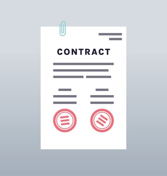 Contract closing agreement with paper and digital signature stamp flat vector illustration.