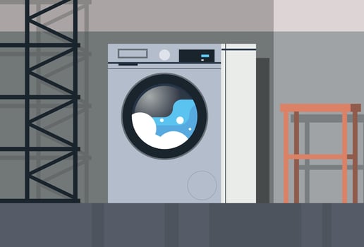 Modern bathroom washing machine and bath room interior design flat illustration. vector