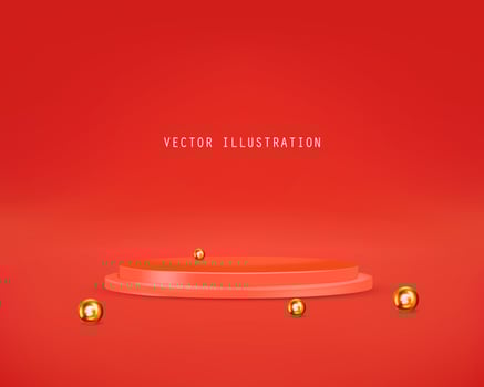 Realistic red product podium on the background with golden shapes Vector