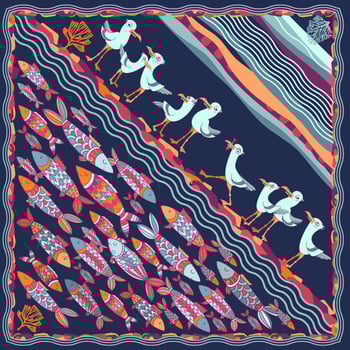 Scarf pattern design with cartoon fishes and birds. Vector illustration.