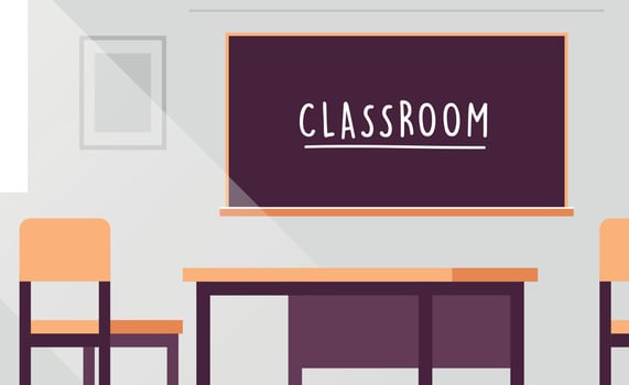Modern classroom interior and empty no people school classroom with board and desks flat vector illustration.