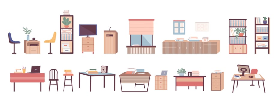 Set of School and Office Furniture Cabinet with Books, Table, Chair vector