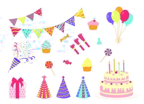 Birthday party decorations.    Isolated vector  cartoon illustration. Icons set