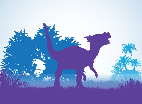 Dracorex Dinosaurs silhouettes in prehistoric environment overlapping layers decorative background banner abstract vector illustration