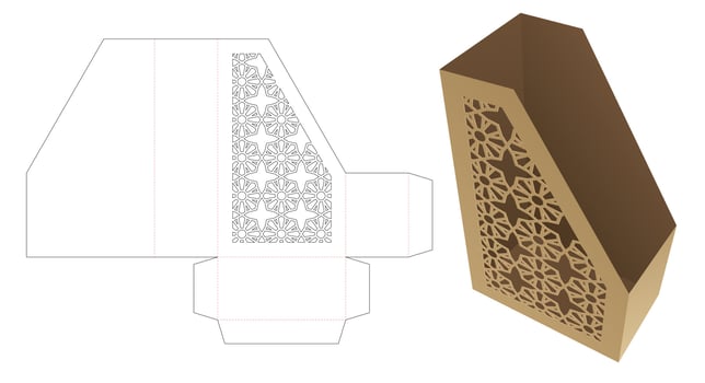 Cardboard document box with stenciled Arabic pattern die cut template and 3D mockup vector
